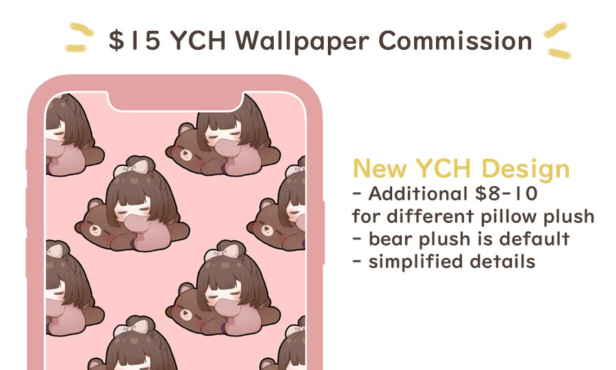 Emergency C0mm // RTs appreciated 🥹 

🤍 YCH pocket chibi / 5 slots only
🤍 Max of 3 characters per wallpaper
🤍 No additional items allowed
🤍 All details will be chibi-fied/simplified

NEW! YCH design 🐻⤵️
Old designs are still available