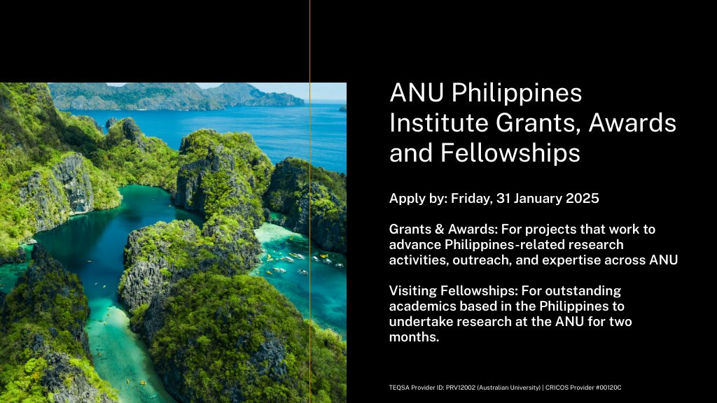 📢 The second round of our Grants, Awards and Fellowship Program, supporting projects that advance Philippines-related research and expertise is currently open for applications 🖊️

➡️Apply here:
Visiting fellowships: quicklink.anu.edu.au/2yzz
Grants: quicklink.anu.edu.au/nm03