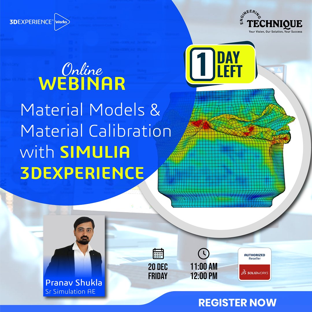 engg_technique's tweet image. 📢 1 Day Left!
Join us for a FREE webinar on Material Models & Material Calibration with SIMULIA 3DEXPERIENCE.
📅 20th Dec | 🕚 11 AM IST
🔗 Save your spot now: bit.ly/Simulia-3DX-De…
#3DEXPERIENCE #SIMULIA #Simulation #SolidWorks #3DEXPERIENCEWorks #EngineeringTechnique