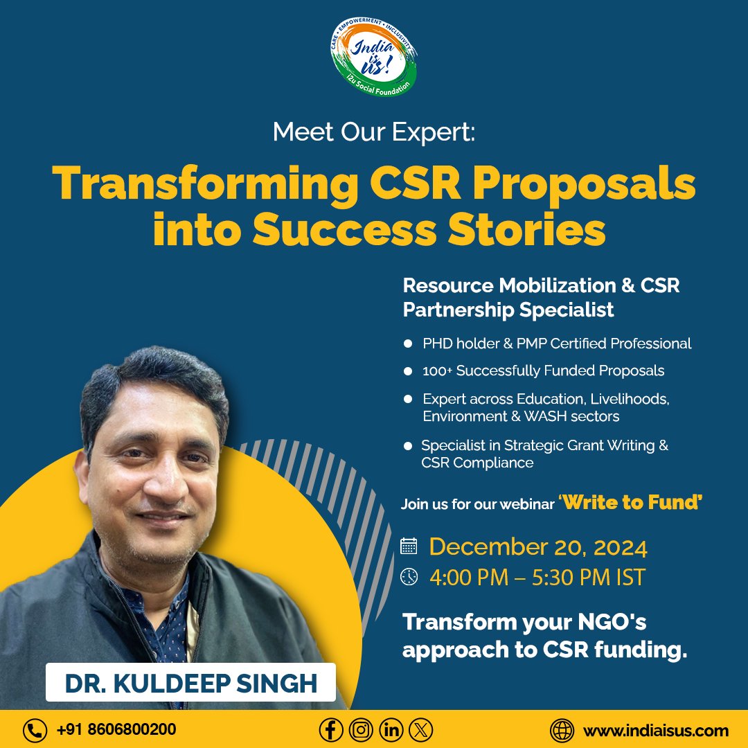 IndiaIsUs's tweet photo. Meet Dr. Kuldeep Singh, our expert speaker for Write to Fund: Mastering the CSR Proposal Narrative✍️With a PhD, PMP certification, & 100+ successful #CSR #proposals, he’s the go-to authority for grant writing and resource mobilization.
#webinar #learning #onedayforfuture #i2u https://t.co/MvmviPbGTP