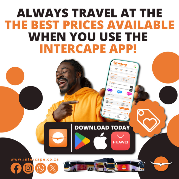 IntercapeBus's tweet image. Always travel at the best prices available when you use the Intercape app!

Download the Intercape App TODAY at intercape.co.za/intercape-app/ or click on the link in the bio.

#Intercape #NewApp #IntercapeApp #DownloadToday #BookNow #BestPrices