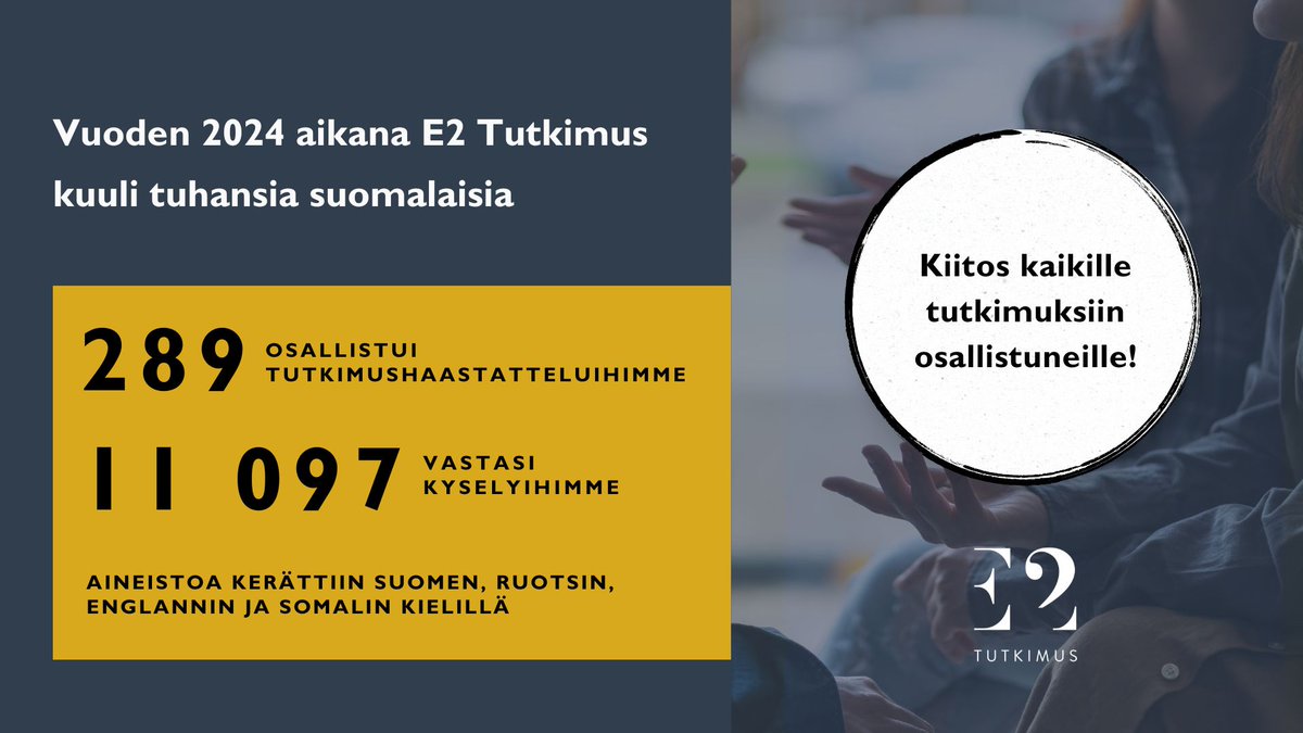 Karina Jutila (@karinajutila) on Twitter photo Työvuosi lopuillaan. Aika vetää yhteen ja kiittää kaikkia, jotka jakoivat tietoamme, antoivat palautetta, sparrasivat, kannustivat ja tukivat työtämme. Liki 300 ihmistä antoi aikaansa haastattelijoillemme, yli 11 000 vastasi kyselyihimme! <a href="/e2_tutkimus/">E2 Tutkimus</a> kiittää lämpimästi. Työvuosi lopuillaan. Aika vetää yhteen ja kiittää kaikkia, jotka jakoivat tietoamme, antoivat palautetta, sparrasivat, kannustivat ja tukivat työtämme. Liki 300 ihmistä antoi aikaansa haastattelijoillemme, yli 11 000 vastasi kyselyihimme! <a href="/e2_tutkimus/">E2 Tutkimus</a> kiittää lämpimästi.