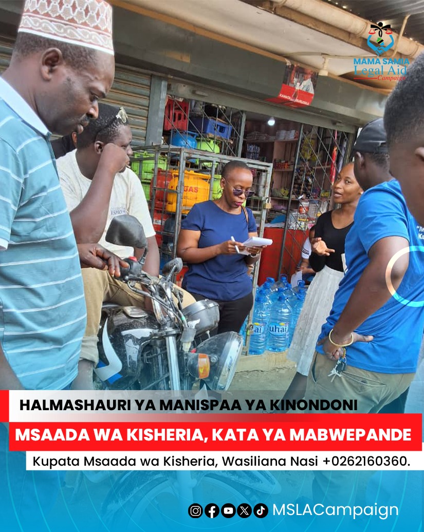 Kutoka halmashauri ya manispaa ya kinondoni kata ya mabwepande tulifanikiwa kupita mtaa kwa mtaa kwenye mikusanyiko ya watu na kwa mama lishe kutoa elimu juu ya msaada wa kisheria.

#MSLAC 
<a href="/Sheria_Katiba/">Wizara ya Katiba na Sheria</a> 
<a href="/sisiniTanzania/">SISI NI TANZANIA</a>