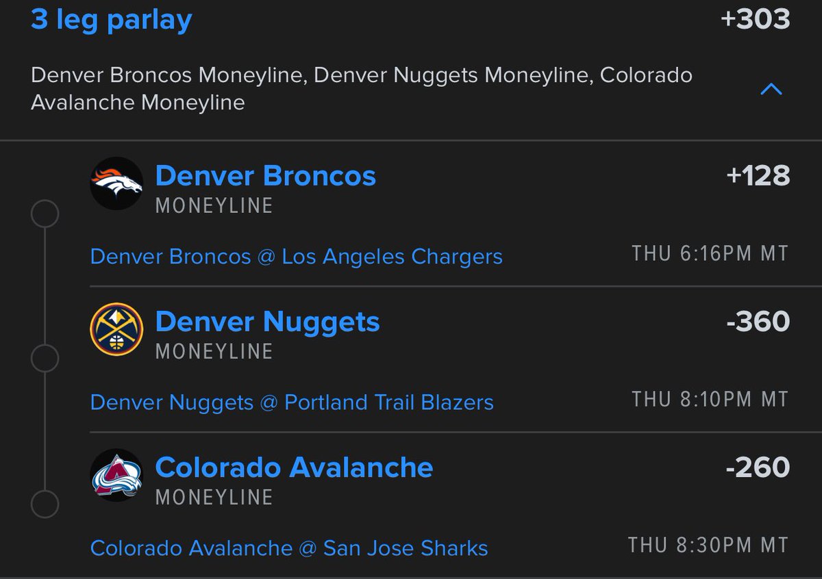 TommyLocks21's tweet photo. The Colorado parlay +303 🏔️

From uncle Joe - all fandom nothing I would post as a recommended play but I’m gonna have some fun!

#MileHighBasketball #BroncosCountry #GoAvsGo https://t.co/nFP6dCumot