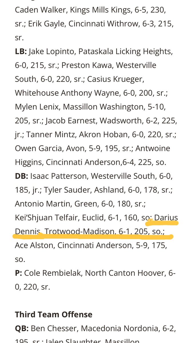 Darius Dennis (@dariuswrld2027) on Twitter photo Blessed to be named 🏈 Ohio All State 2nd Team as a sophomore
Big things on the way <a href="/TMRamFootball/">Trotwood Madison Football</a>
<a href="/CoachCamFB4/">Coach Cam</a> <a href="/LBSCoachP/">Coach P</a> <a href="/CoachTreWB/">Tre' Williams-Brown</a> <a href="/dmccleskey23/">Daryl D. McCleskey, Sr “ Coach Dink”</a> <a href="/Kivy9292/">Kerry Ivy</a> <a href="/CoachTTMP/">5 ⭐ Coach T Dubb TMP 🏁 🐐</a> Blessed to be named 🏈 Ohio All State 2nd Team as a sophomore
Big things on the way <a href="/TMRamFootball/">Trotwood Madison Football</a>
<a href="/CoachCamFB4/">Coach Cam</a> <a href="/LBSCoachP/">Coach P</a> <a href="/CoachTreWB/">Tre' Williams-Brown</a> <a href="/dmccleskey23/">Daryl D. McCleskey, Sr “ Coach Dink”</a> <a href="/Kivy9292/">Kerry Ivy</a> <a href="/CoachTTMP/">5 ⭐ Coach T Dubb TMP 🏁 🐐</a>