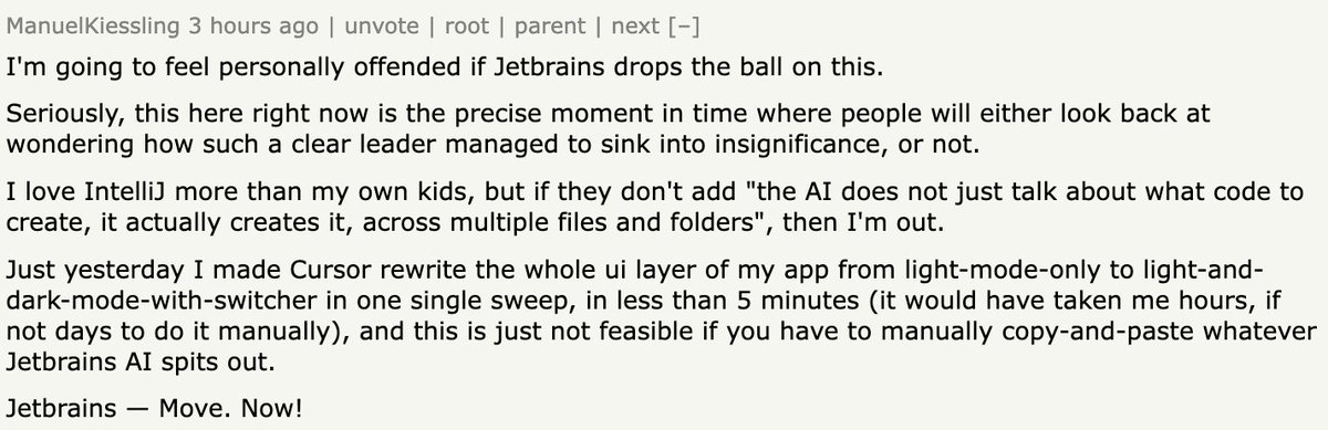 How the hell has JetBrains (entrenched creator of fantastic coding tools like IntelliJ) not been jumping on AI coding assistants?

How many other software franchises are just going to utterly miss the AI transition? (Gotta think JetBrains will never catch up at this point.)