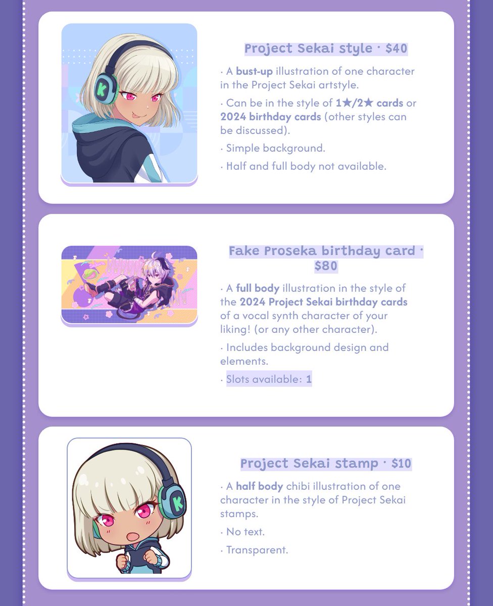 tiernomuffinart's tweet image. Cβ
mmissions are open!
This time I made a proper site with all the information you'll need πβ¬οΈ
I'm also offering proseka style drawings now, so be sure to check that out if you're interested!