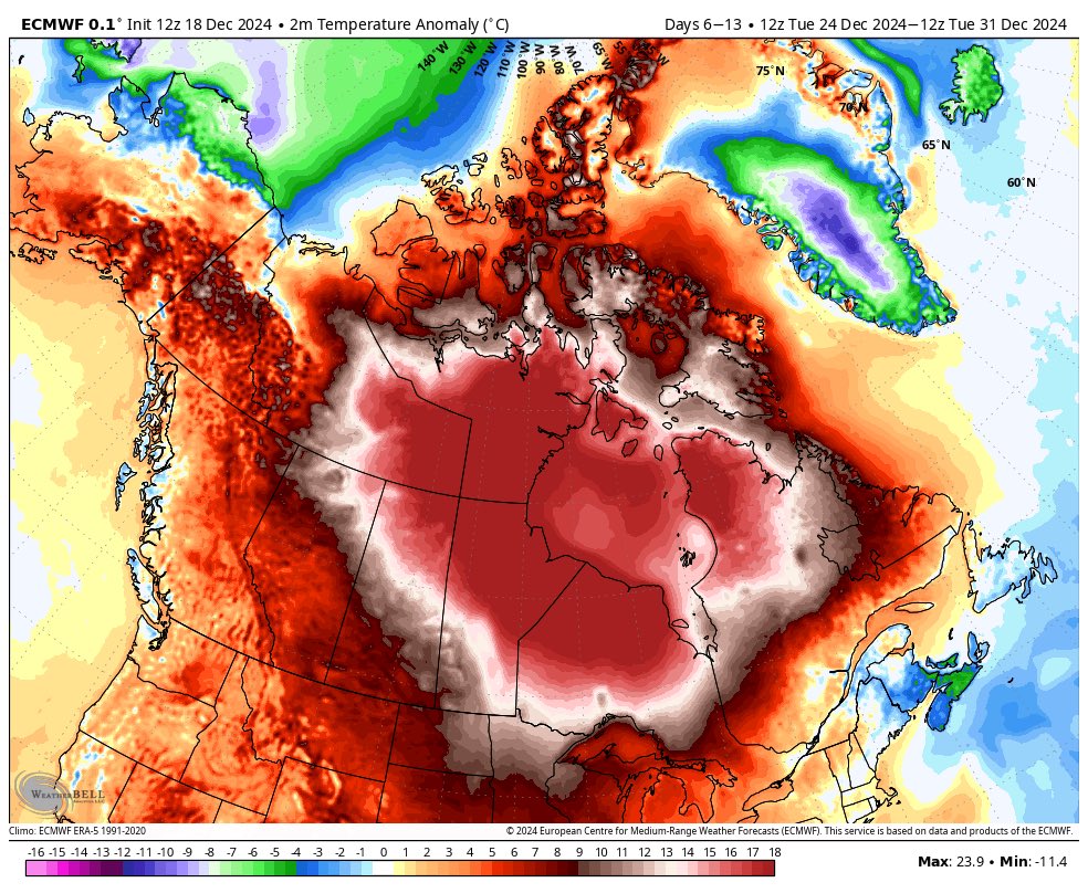 AnthonyFarnell's tweet photo. An incredible 24C above normal for a 7-day stretch lasting from Christmas to New Year’s.  Hudson Bay could be your new beach destination for the holidays. 

On second thought, temperatures will only be a couple degrees above freezing and there’s just 6 hours of daylight. https://t.co/5H86xBJxox