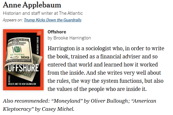 Brooke Harrington (@ebharrington) on Twitter photo Holy cow, my new book--"Offshore: Stealth Wealth and the New Colonialism"--is #4 on the <a href="/nytimes/">The New York Times</a> / <a href="/ezraklein/">Ezra Klein</a> recommended book list for 2024! Thanks for the boost, <a href="/anneapplebaum/">Anne Applebaum</a>!
Stocking-stuffer-sized at just 120pp & 7% off at Amazon: amazon.com/Offshore-Steal… Holy cow, my new book--"Offshore: Stealth Wealth and the New Colonialism"--is #4 on the <a href="/nytimes/">The New York Times</a> / <a href="/ezraklein/">Ezra Klein</a> recommended book list for 2024! Thanks for the boost, <a href="/anneapplebaum/">Anne Applebaum</a>!
Stocking-stuffer-sized at just 120pp & 7% off at Amazon: amazon.com/Offshore-Steal…