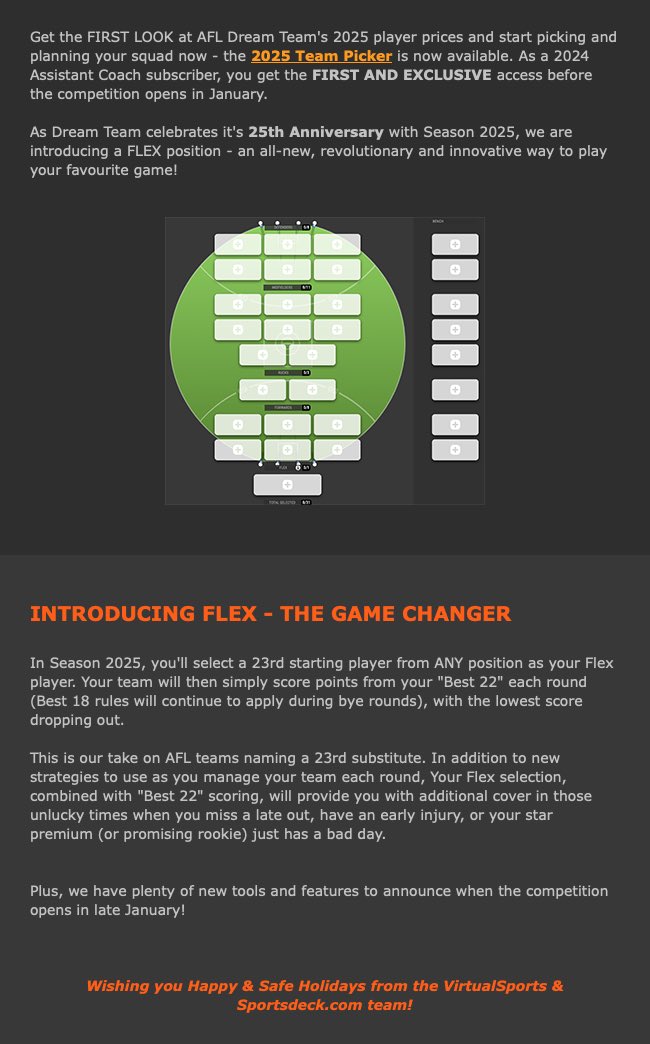 DreamTeamAFL's tweet photo. The 2025 #AFLDreamTeam Team Picker is here, with an Assistant Coach subscription. Plus, introducing the game-changing Flex position - a new way to play in our 25th anniversary!

https://t.co/PkV8oDDzga https://t.co/Xhc7BJLRxY