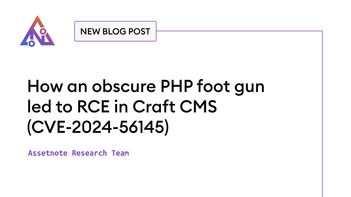 We discovered a pre-authentication RCE vulnerability in Craft CMS caused by an obscure PHP foot gun (CVE-2024-56145), approx 150k sites created with Craft CMS.

You can read @Assetnote's Security Research team's blog on the issue: assetnote.io/resources/rese…

#attacksurfacemanagement