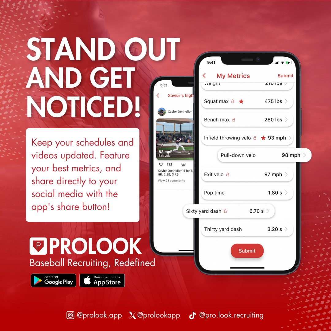 Ready to rise above the competition? Turn heads with verified metrics, high-quality video highlights, and direct access to the coaches who matter. ProLook makes it easier than ever to stand out and get the attention you deserve. Download today! 

iPhone - apps.apple.com/us/app/prolook…