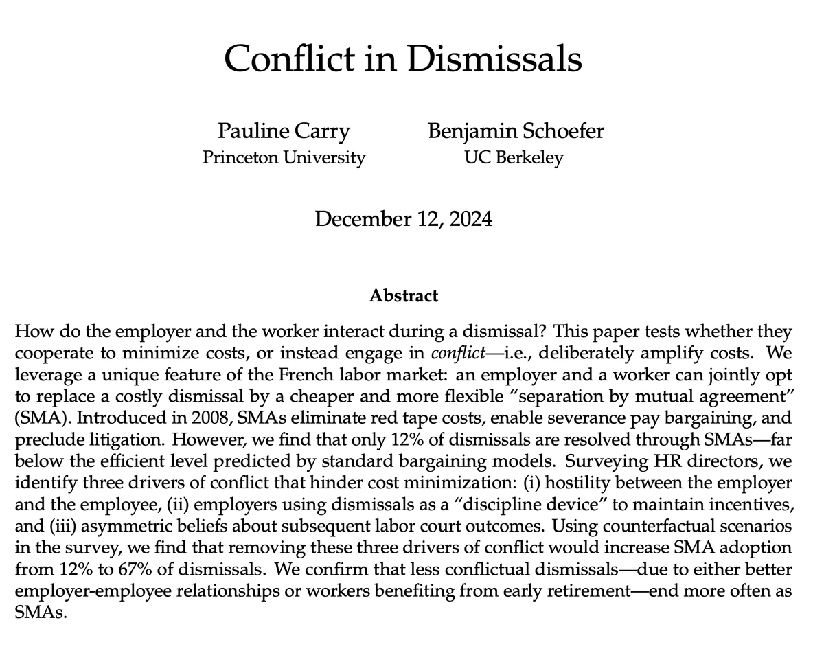 Schoefer_B's tweet photo. New paper w/ @PaulineCarry:
"Conflict in Dismissals"

We uncover &amp; dissect the role &amp; drivers of conflict in dismissals, 
by studying failures to take up "cheaper" "separations by mutual agreement" in France.

NBER WP: https://t.co/DZwPIrtstG
Ungated PDF: https://t.co/qvgwEPI0kp https://t.co/Z25IqbRF12
