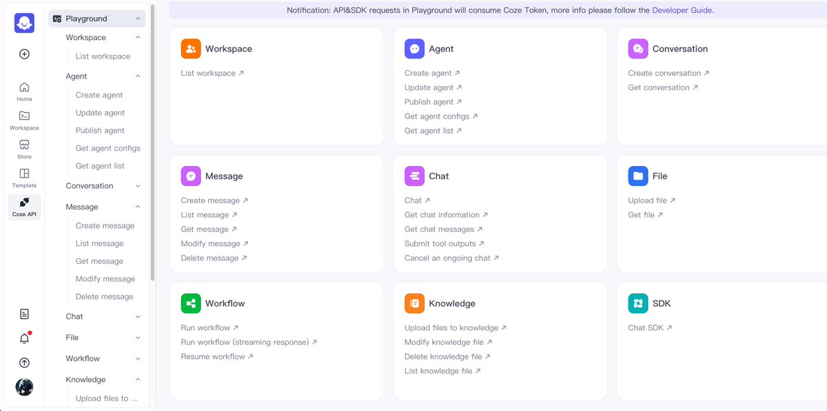 CozeHQ's tweet image. 【Coze Feature Update】Playground is Live!

Coze introduces the Playground feature, enabling you to configure your desired APIs and SDKs effortlessly with a visual interface.

Key Highlights:
• Visual Configuration: Easily set up key information for APIs and SDKs.
• Code…