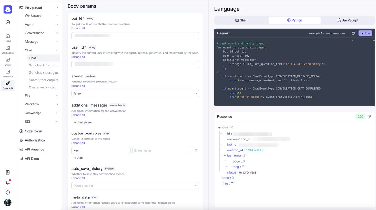 CozeHQ's tweet image. 【Coze Feature Update】Playground is Live!

Coze introduces the Playground feature, enabling you to configure your desired APIs and SDKs effortlessly with a visual interface.

Key Highlights:
• Visual Configuration: Easily set up key information for APIs and SDKs.
• Code…