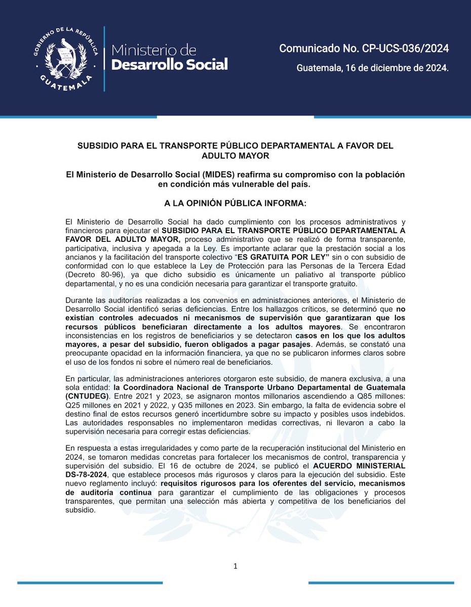 Midesgt's tweet photo. #ComunicadoMides No. 36 | El @Midesgt informa a la opinión pública sobre el Subsidio para el Transporte Público Departamental a favor del Adulto Mayor.
🔗 https://t.co/u7sn4oYT4O https://t.co/yJ8cpbCzbK