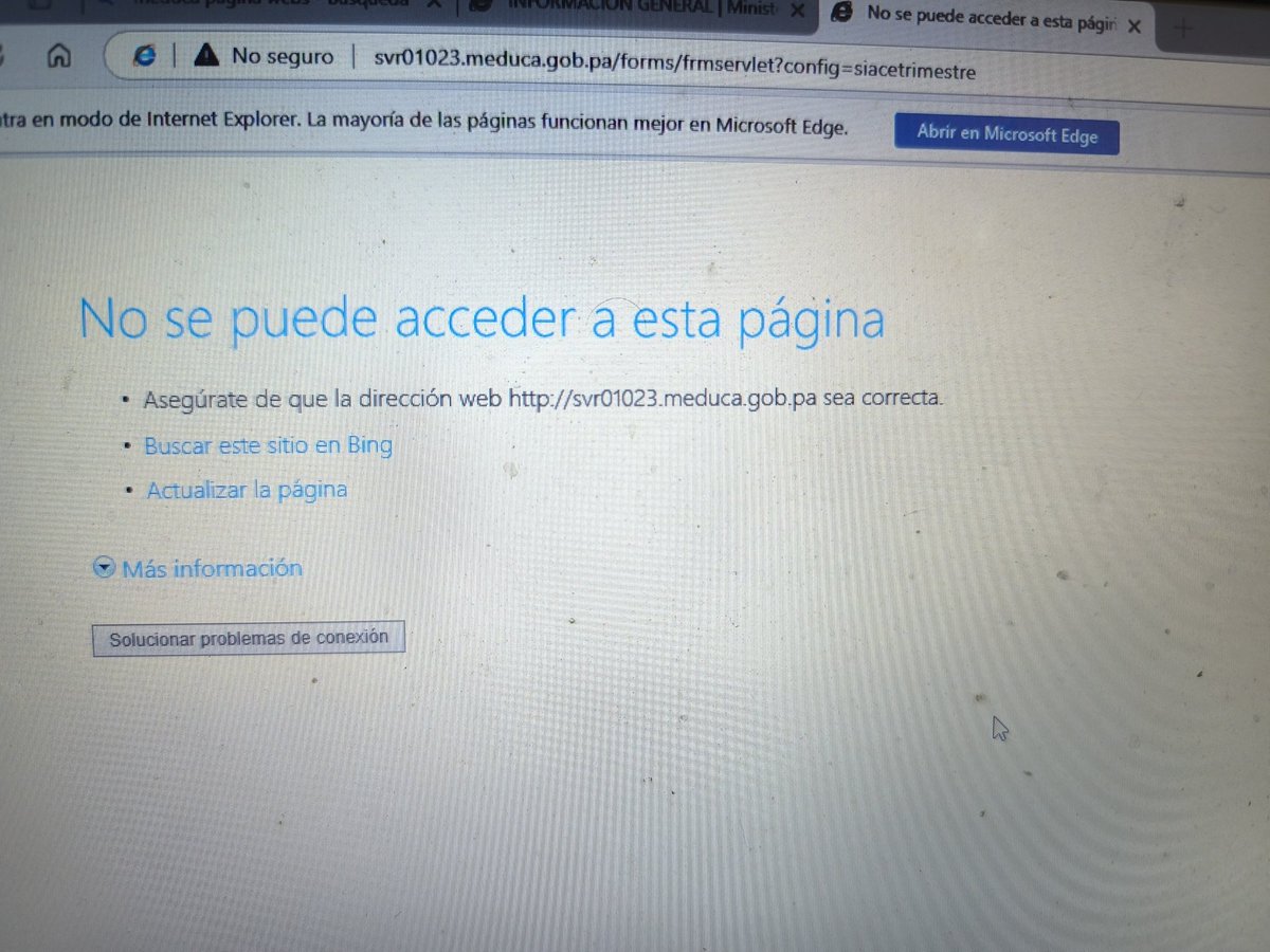 Saben algo de la página o del sistema #SIACE tenemos más de 14 horas sin sistema. Estaba lento y luego colapsó. Algún comunicado de <a href="/MeducaPma/">Ministerio de Educación de Panamá</a> <a href="/lucymolinarj/">lucy molinar</a> Los educadores, están muy preocupados #SIACE