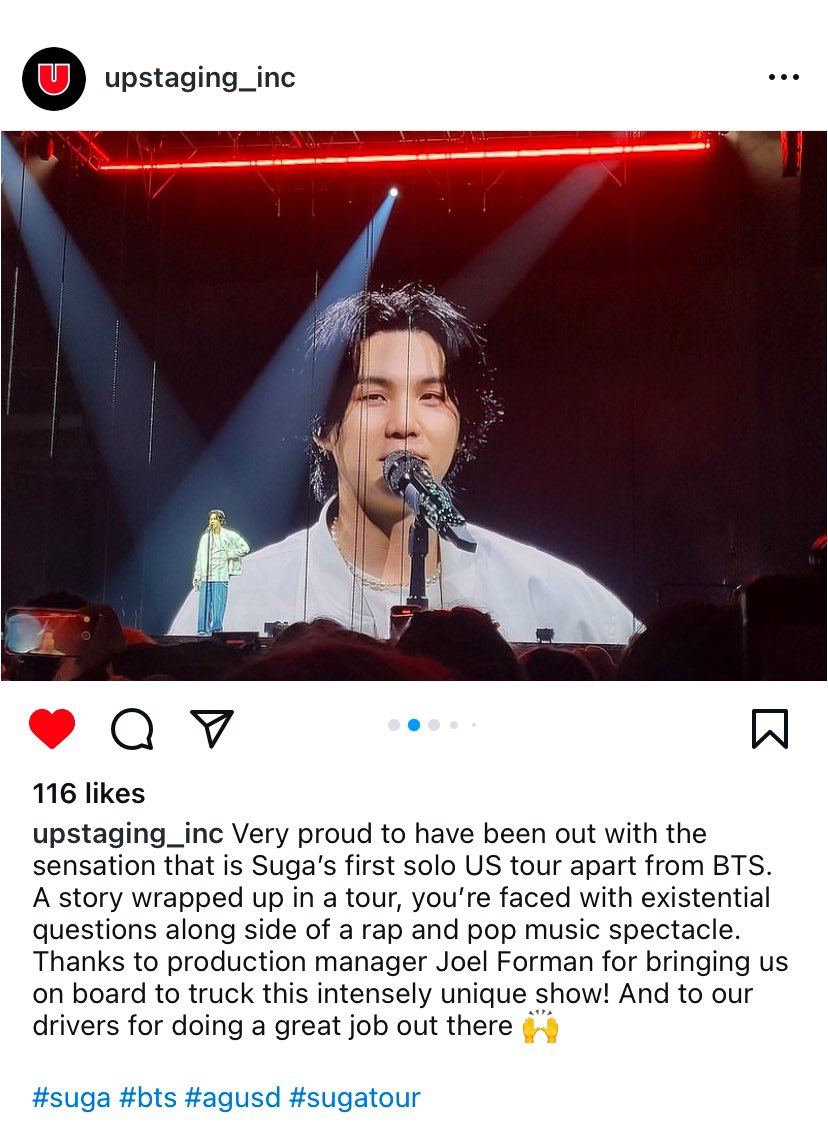 CYPHERS_DDAENG3's tweet photo. upstaging_ inc ig post back in May 18 , 2023 during yoongi DDAY Tour in US!Upstaging is the logistics company for his entire US TOUR.  Wow total 12 trucks for. 😮 🛻 

“Very proud to have been out with the sensation that is Suga's first solo US tour apart from BTS.A story wrapped up in a tour, you're faced with existential questions along side of a rap and pop music spectacle.” 

#D_DAY #D_DAY_TOUR
#AgustD #SUGA #민윤기 #슈가