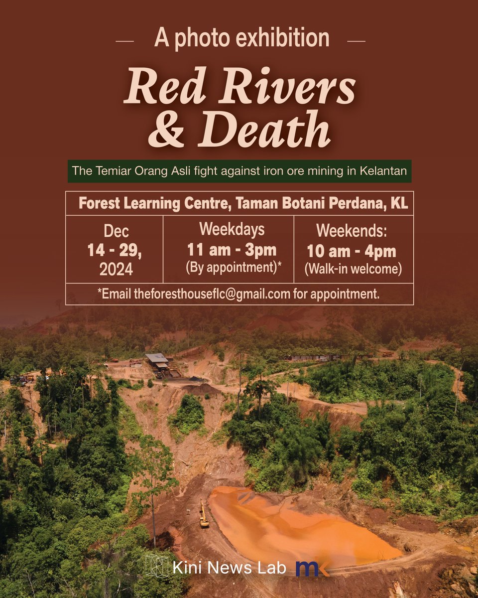Kini News Lab (@kininewslab) on Twitter photo We worked with photographer <a href="/AznealIshak/">Azneal Ishak</a> for our coverage of the Kg Kelaik Orang Asli's fight against iron ore mining.
An exhibition of these photos is currently running at the Forest Learning Centre, KL until Dec 29.
See you there!
mk.my/red-rivers We worked with photographer <a href="/AznealIshak/">Azneal Ishak</a> for our coverage of the Kg Kelaik Orang Asli's fight against iron ore mining.
An exhibition of these photos is currently running at the Forest Learning Centre, KL until Dec 29.
See you there!
mk.my/red-rivers