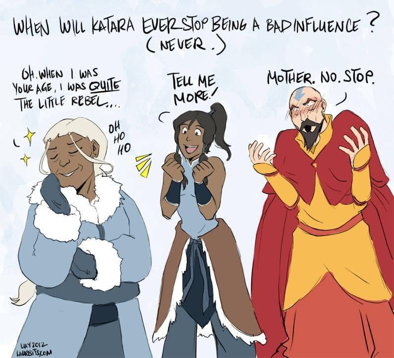 dailykatara's tweet photo. i love the idea of katara being a “bad influence” on korra and encouraging her to rebel against the white lotus 

🎨: laurbits https://t.co/KidTSZ8td6