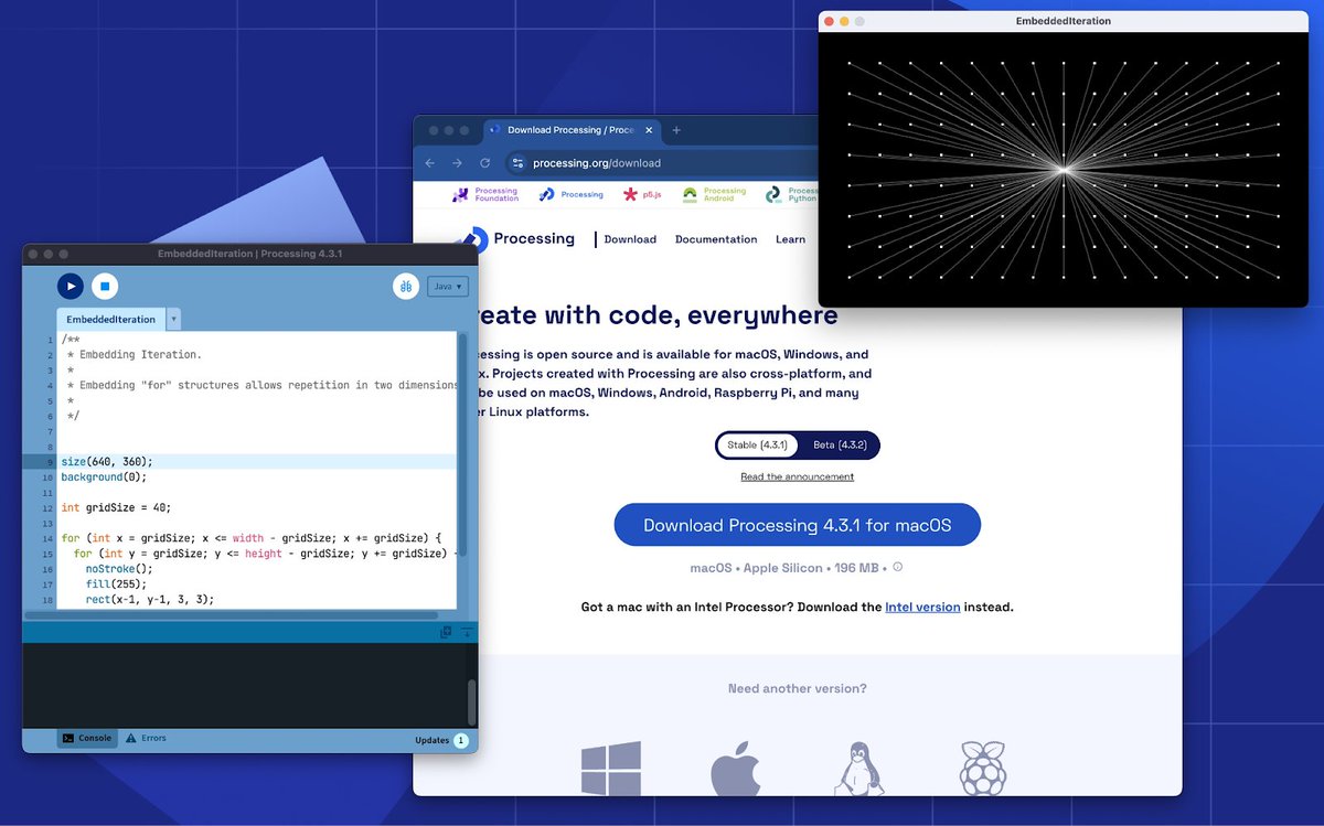 ProcessingOrg's tweet image. We’re thrilled to share that Processing 4.3.1 is now available!💙 This version makes Processing easier to maintain and release. We recommend updating for the best support 🔗 Learn more: bit.ly/41zZwqT and donate to our annual fundraiser: donorbox.org/building-toget…