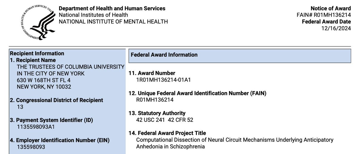 kyo_iigaya's tweet image. Thrilled to announce our lab has received the Notice of Award for our first @NIMHgov R01! 🎉
We'll be tackling anhedonia in schizophrenia using computational psychiatry. Huge thanks to our incredible lab members and collaborators🙌
@ColumbiaPsych @ColumbiaMed