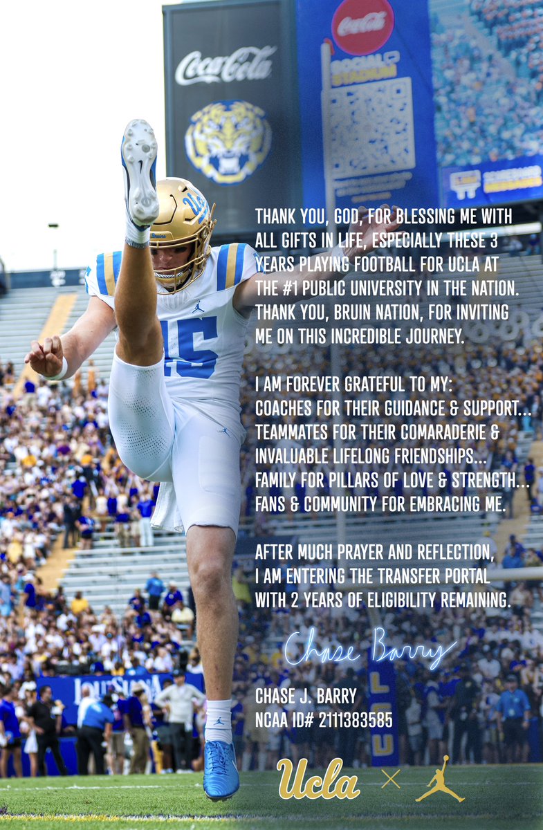 Entering the portal with 2 years eligibility left. Links to UCLA film, roster, bio in “View More” at bottom my X profile. Grateful to Bruin Nation.