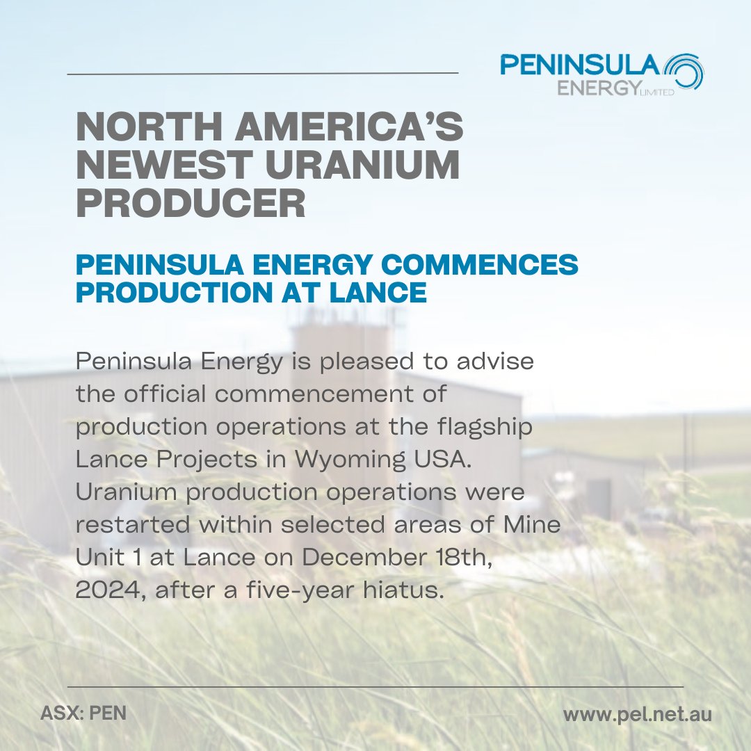 PEN_Energy's tweet image. $PEN is pleased to announce the official commencement of production at the flagship Lance Projects in Wyoming USA.
Restart of Mine Unit 1 at Lance is a historic milestone for $PEN on its journey to become a fully independent producer of yellowcake.
bit.ly/4glIFwx
