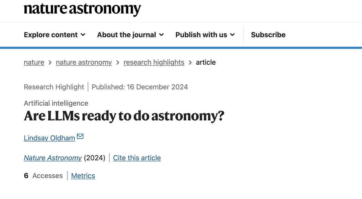 Yuan-Sen Ting 丁源森 (@tingastro) on Twitter photo A huge thanks to Lindsay Oldham and
<a href="/NatureAstronomy/">Nature Astronomy</a>
for featuring our AstroMLab research in their latest highlights! It's been challenging to find the right home for our papers that bridge LLM and astronomy, so I'm thrilled to see astronomy journals becoming more welcoming of A huge thanks to Lindsay Oldham and
<a href="/NatureAstronomy/">Nature Astronomy</a>
for featuring our AstroMLab research in their latest highlights! It's been challenging to find the right home for our papers that bridge LLM and astronomy, so I'm thrilled to see astronomy journals becoming more welcoming of
