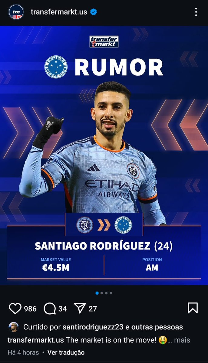 ZeiroAteMorrer's tweet photo. O MEIA URUGUAIO SANTIAGO RODRIGUES DE 24 ANOS DO NEW YORK CITY QUE NEGOCIA COM O CRUZEIRO, CURTIU HOJE UMA PUBLICAÇÃO DO TRANSFERMARTK NO INSTAGRAM SOBRE SUA NEGOCIAÇÃO COM O CRUZEIRO, INDÍCIOS DE SUA APROVAÇÃO NO NEGÓCIO COM O CABULOSO.
COM 16 GOLS, 7 ASSISTÊNCIAS EM 40 PARTIDAS https://t.co/QMj0PNsb5A