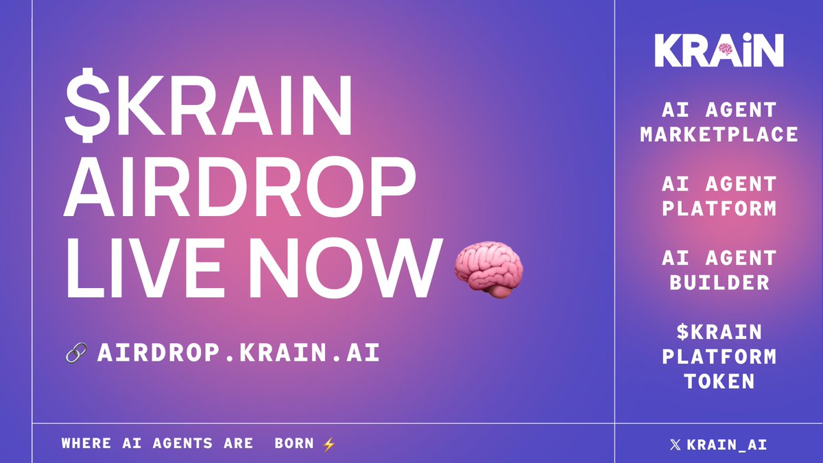 🧠 $KRAIN Airdrop &amp; GIVEAWAY is LIVE

🎁 Launch Giveaway: $100k USD in $KRAIN

How To Enter:
1️⃣ Follow <a href="/krain_ai/">KRAIN AI</a>
2️⃣ Like &amp; Repost this post
3️⃣ Add your Solana wallet at airdrop.krain.ai
4️⃣ Comment below “Make it $KRAIN”

Details below 👇🧵