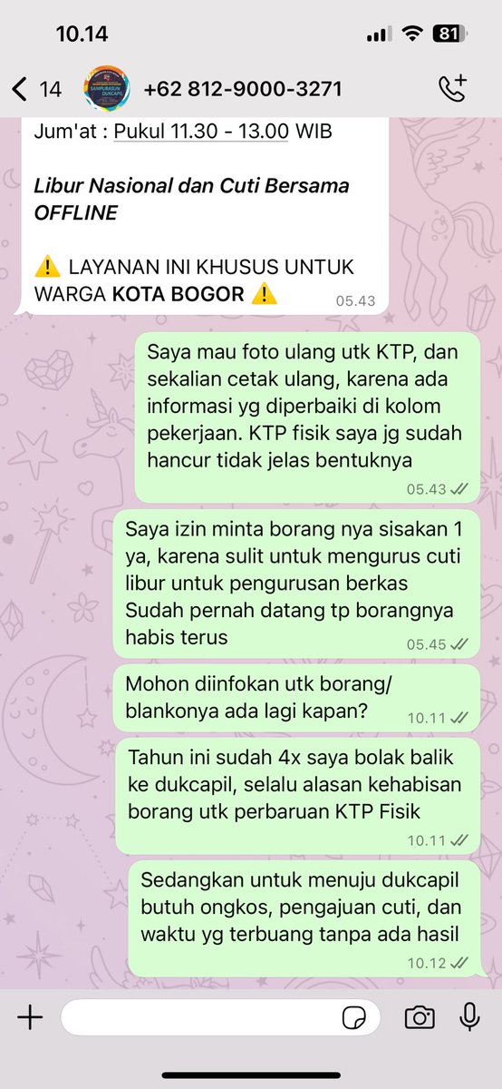 Pelayanan di dukcapil parah untuk perbarui KTP Fisik dan informasi di dalamnya, selalu alasan blanko habis. Sudah 4x saya datang, alasannya sama. Sampai chat ke aduan layanan, nihil. Bagaimana ini pelayanannya? Tolong ditindak tegas dong utk birokrasi yg merepotkan <a href="/PemkotaBogor/">Pemerintah Kota Bogor</a>