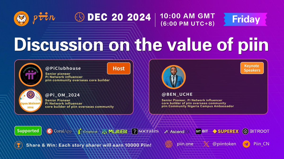 Pi_OM_2025's tweet photo. $Piin , the #PiNetwork community's rising star, is making waves on the #Bitcoin chain

Join our Space on December 20, 10:00 (UTC) to discover $Piin 's unique appeal and potential👊👊👊

@PiClubhouse
@Pi_OM_2024
@BEN__UCHE

#CHILLGUY #RPS #Aejo #Rizzmas #LIMBO #Mona #πeagle  π🦅 https://t.co/rfxsjiNQ4A