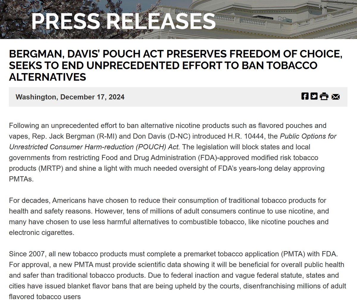 H.R. 10444 would strengthen federal preemption and explicitly protect products with federal marketing orders from state or local prohibitions. 

bergman.house.gov/news/documents…