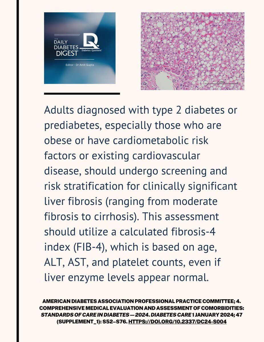 dramitaol's tweet photo. Adults with type 2 diabetes or prediabetes, particularly those with obesity or cardiometabolic risk, should be screened for liver fibrosis using the FIB-4 index, even if liver enzymes are normal. Early detection is key! #DiabetesCare #LiverHealth

Source: ADA Standards of Care https://t.co/imNwL1I389