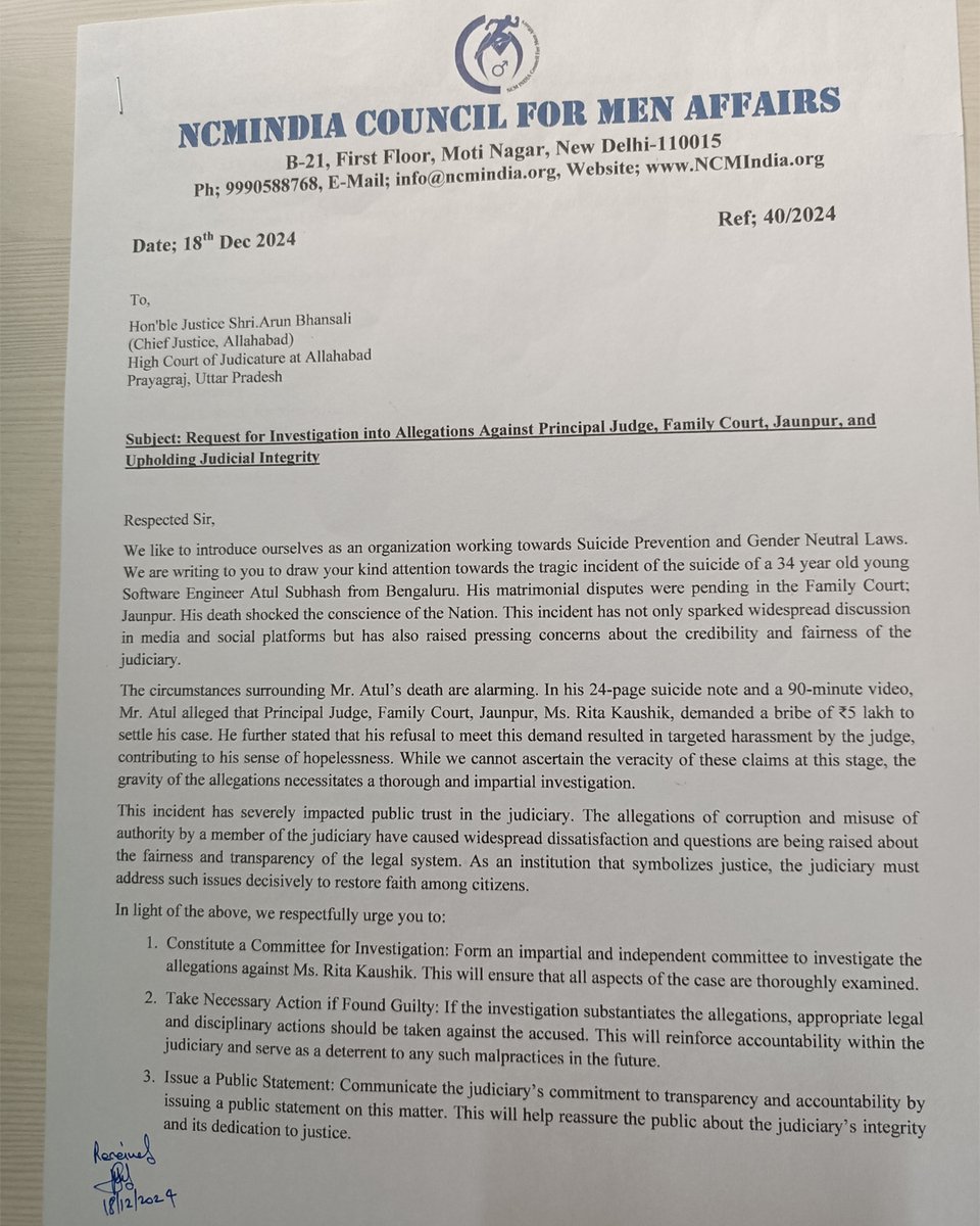 NCMIndiaa's tweet image. A complaint was given by us to The Honorable Chief Justice of the Allahabad High Court and our team also met The District and Sessions Judge of Jaunpur to demand an enquiry against Principal Judge of the Jaunpur Family Court Mrs. Rita Kaushik. Hope Justice will prevail instead of…
