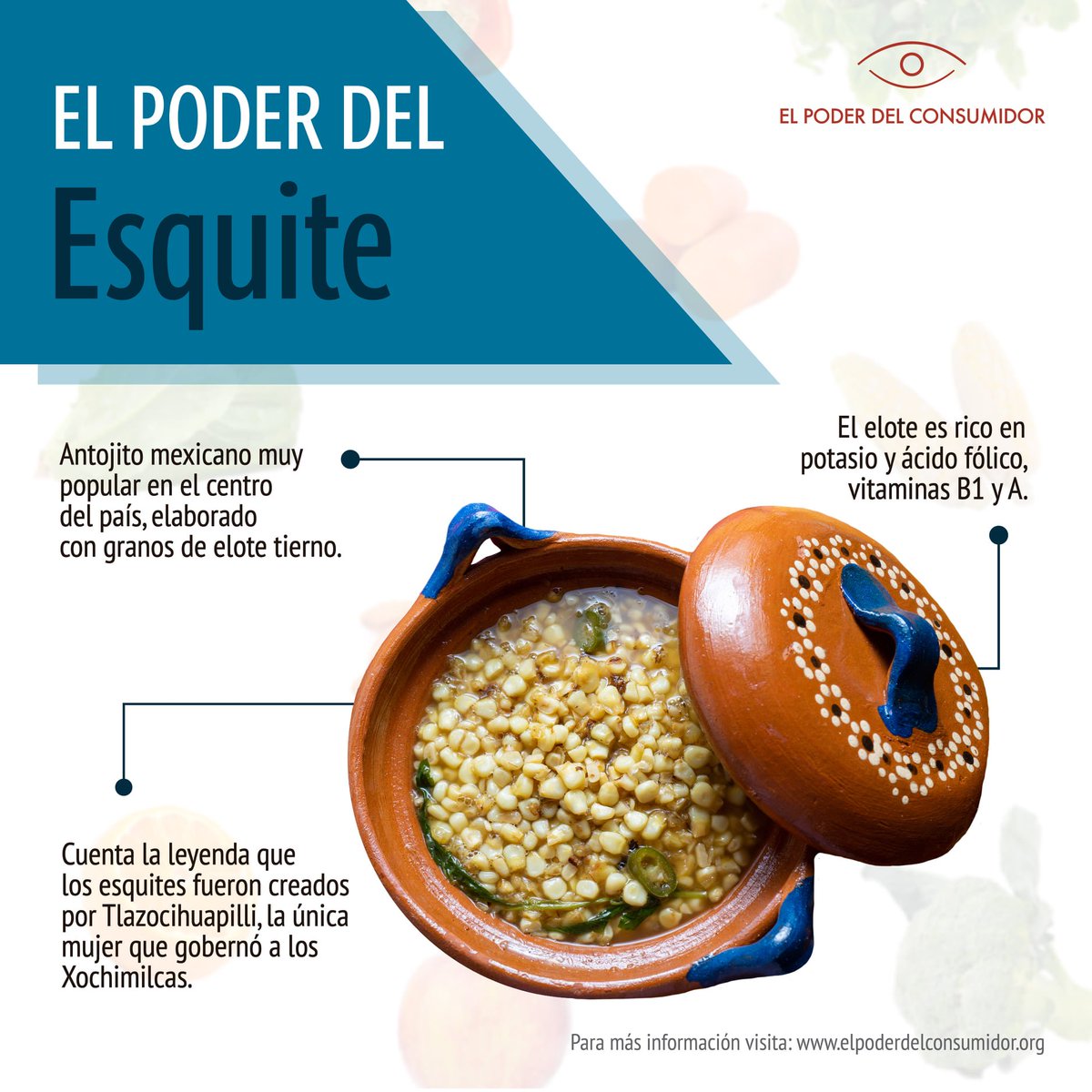 elpoderdelc's tweet image. ✨Cuenta la leyenda que los esquites fueron creados por Tlazocihuapilli, la única mujer que gobernó a los Xochimilcas.🌽

👀Este antojito mexicano contiene diversas propiedades en el elote (rico en potasio y ácido fólico), epazote, chile y limón. elpoderdelconsumidor.org/2021/09/el-pod…