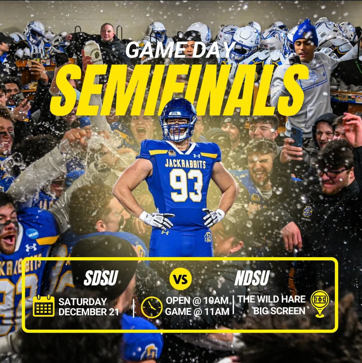 The_WildHare's tweet photo. 🏈 Semifinals showdown: SDSU vs. NDSU! 🐰💥 We’re opening early at 10 AM this Saturday so you can catch every play at The Wild Hare!

Game time exclusive specials:
🍺 $2 Pounders
🥃 $3 Double Wells
🍹 $5 Double Premium Liquors

Happy hour runs from 10 AM to 7 PM https://t.co/sjQ6vKb0Fc
