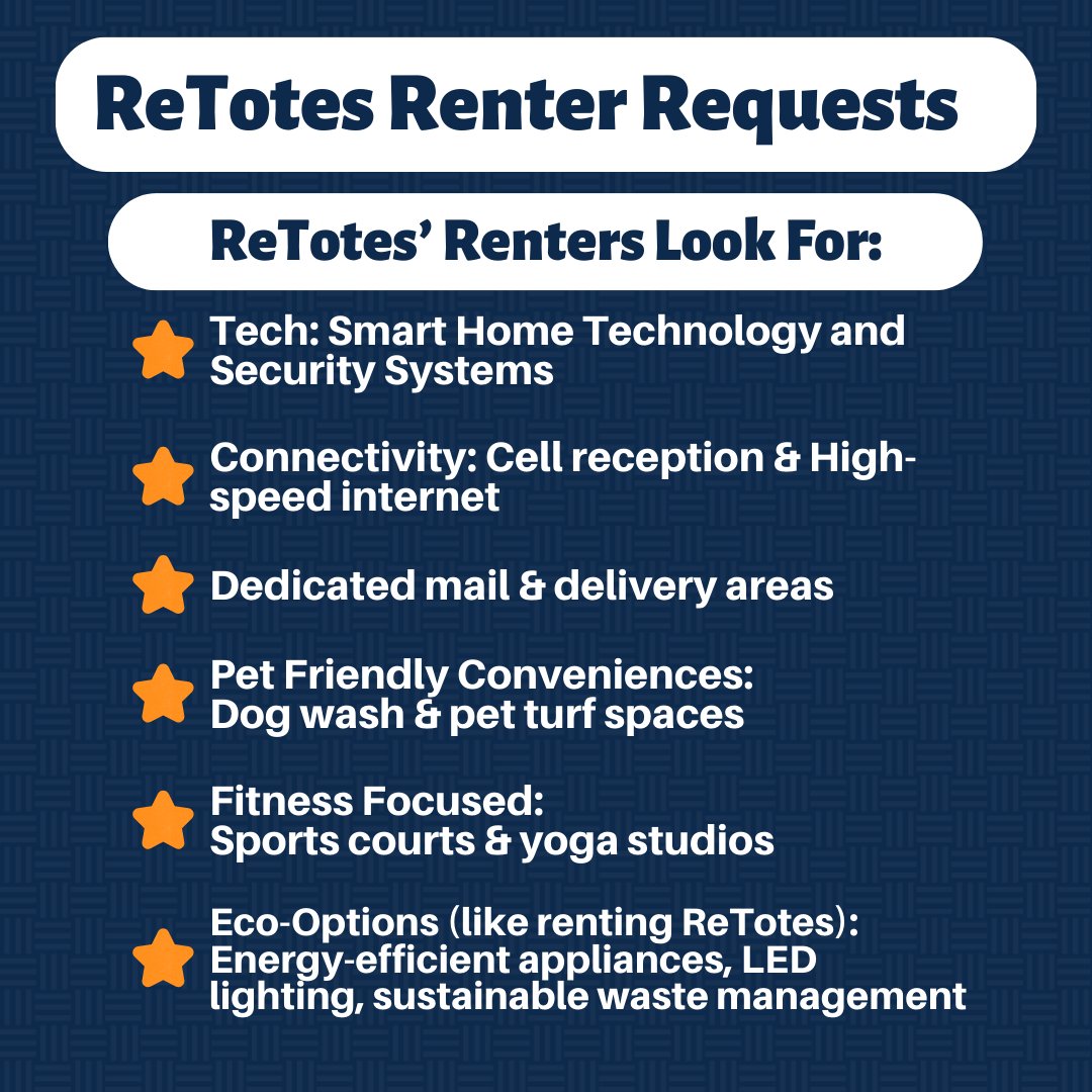 ReTotes's tweet image. From smart alarms to dog wash stations &amp;amp; fitness-focused spaces, today’s renters are choosing spaces that cater to convenience, security, &amp;amp; sustainability. 🌱💡 And when it comes to moving, skip the cardboard and go green with ReTotes rentable moving boxes! 🌍📦