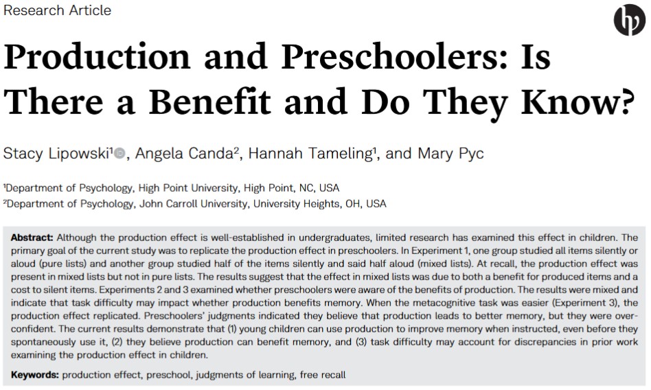 ExpPsychJournal's tweet photo. Production and Preschoolers: Is There a Benefit and Do They Know?

Stacy Lipowski, Angela Canda, Hannah Tameling, &amp; Mary Pyc

https://t.co/wNFbhD4h6A https://t.co/3FH1r6mqg3