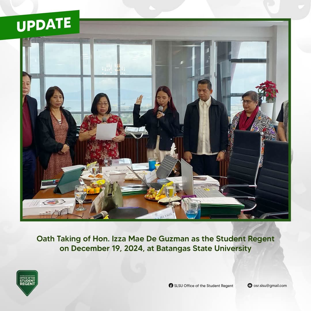 slsuOSR's tweet photo. [SSCF PRESIDENT IZZA DE GUZMAN OATH-TAKING AS SLSU STUDENT REGENT]

SLSU Supreme Student Council Federation (SSCF) President Izza De Guzman officially held her oath-taking as the Student Regent this December 19 at the 155th Regular Board Meeting held at Batangas State University. https://t.co/IHG7jDysPB