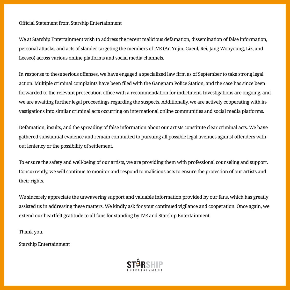 IVEstarship's tweet photo. Official Statement from Starship Entertainment https://t.co/z4IEU7fKWQ