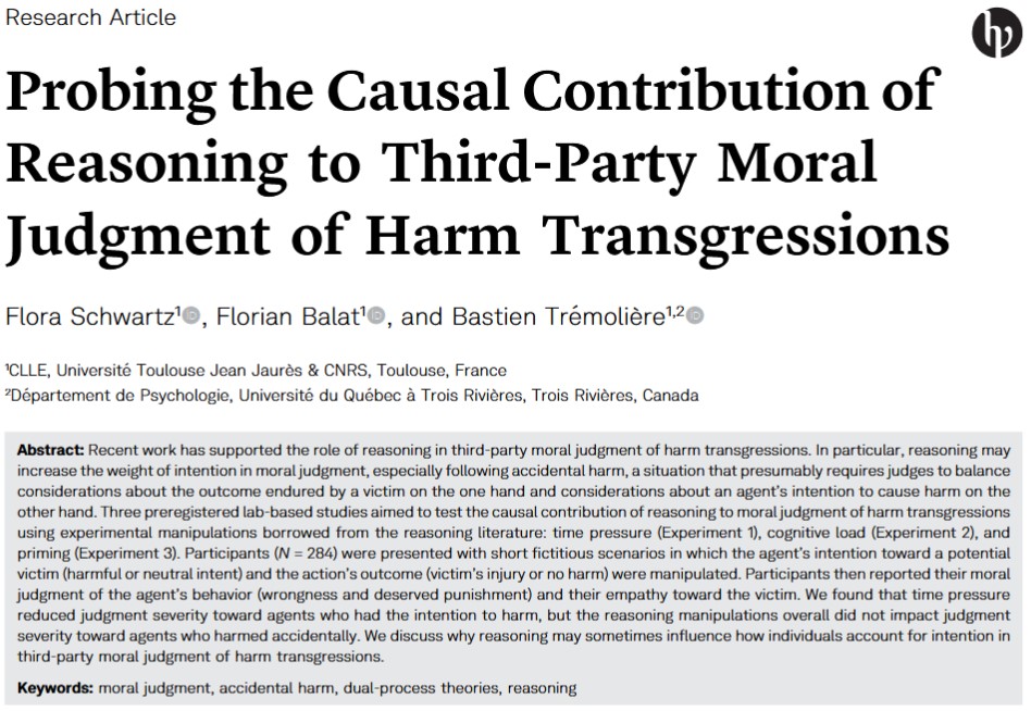 ExpPsychJournal's tweet photo. Probing the Causal Contribution of Reasoning to Third-Party Moral Judgment of Harm Transgressions

Flora Schwartz, Florian Balat, &amp; Bastien Trémolière

https://t.co/3a8jlKLrqH https://t.co/Eec3IXMaVO