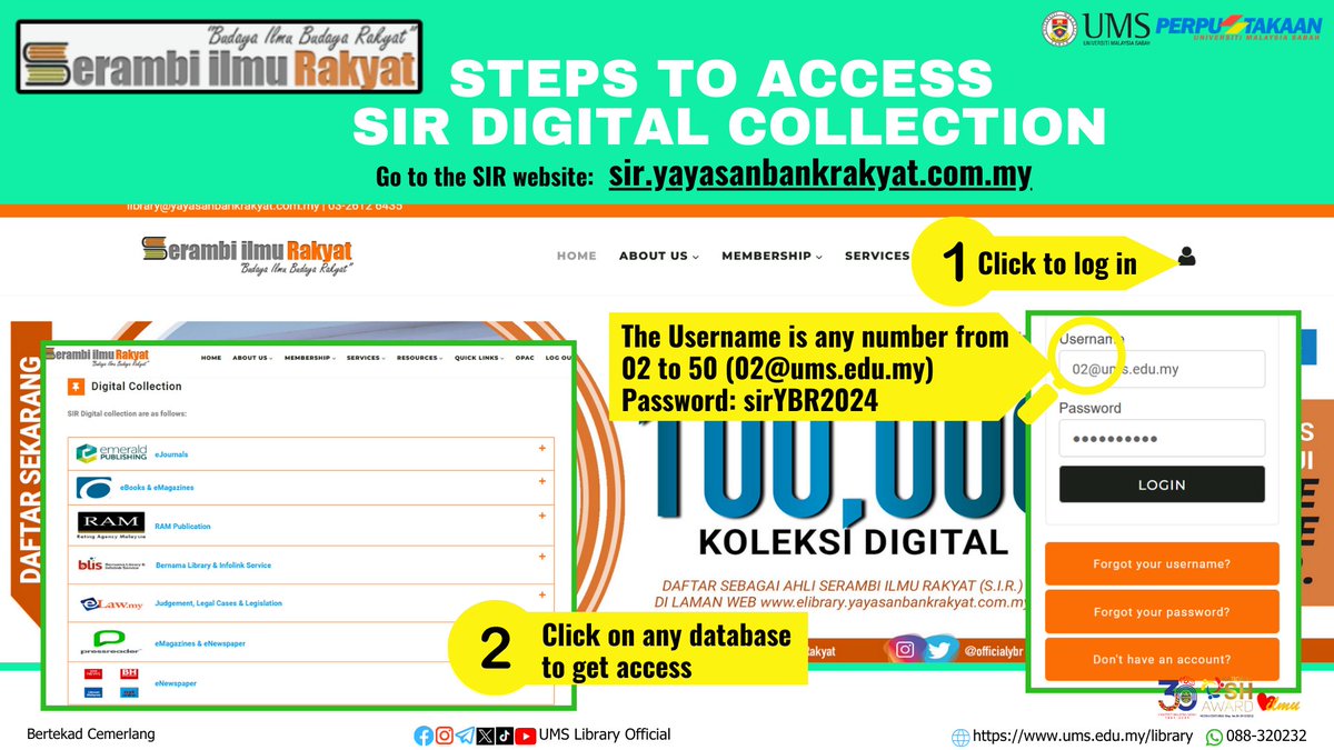 Lib_UMS's tweet image. 📢KOLEKSI DIGITAL SERAMBI ILMU RAKYAT (SIR) [Akses PERCUMA]

Layari bahan bacaan koleksi digital SIR yang boleh diakses melalui laman web SIR: elibrary.yayasanbankrakyat.com.my 

Ikuti langkah-langkah dalam poster untuk mengakses setiap pangkalan data yang disenaraikan

#UMSLibraryShare