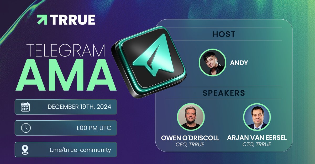 Trrue Net (@trrueio) on Twitter photo 🎙Tune in for our upcoming Telegram AMA!
Learn everything you want to know about the IDO of $TRRUE and more!
📅Time: 19th Dec
⏰Set reminders: 1 PM UTC
📍 t.me/trrue_community
🎙 <a href="/Owen_O_D/">Owen O Driscoll</a>, CEO & Co-Founder of Trrue
🎙 <a href="/ArjanVanEersel/">Arjan van Eersel</a>, Founder & CTO at Trrue
Drop your 🎙Tune in for our upcoming Telegram AMA!
Learn everything you want to know about the IDO of $TRRUE and more!
📅Time: 19th Dec
⏰Set reminders: 1 PM UTC
📍 t.me/trrue_community
🎙 <a href="/Owen_O_D/">Owen O Driscoll</a>, CEO & Co-Founder of Trrue
🎙 <a href="/ArjanVanEersel/">Arjan van Eersel</a>, Founder & CTO at Trrue
Drop your