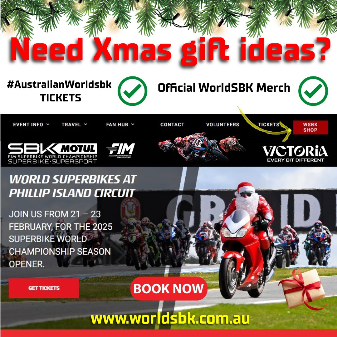 🎅 Merry Xmas WorldSBK fans! 
👀 Grab your tickets NOW for the 2025 Motul FIM Superbike World Championship, Australian Round at  #phillipisland Plus, pre-order your official #AustralianWorldSBK merch today at worldsbk.com.au and arrive in style! 🏍️🔥