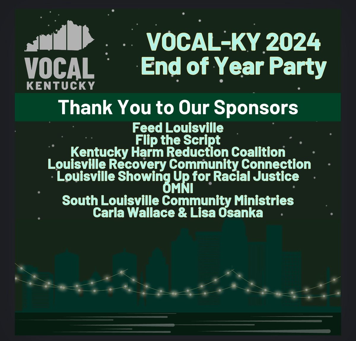 VOCALKentucky's tweet photo. Big appreciation for our major End of the Year Event Sponsors: Metro United Way 🌟 and New Leaf Clinic✨️ and our growing list of organizational sponsors. 
Tonight was beautiful. Special thank you to our members, leaders &amp; local staff, VOCAL-NY &amp; VOCAL-US Team💚! https://t.co/n41Kf7vzka
