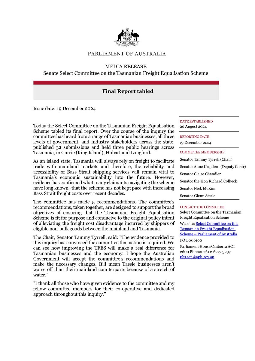 The Select Committee on the Tasmanian Freight Equalisation Scheme presented its report this afternoon. You can find it here aph.gov.au/Parliamentary_…