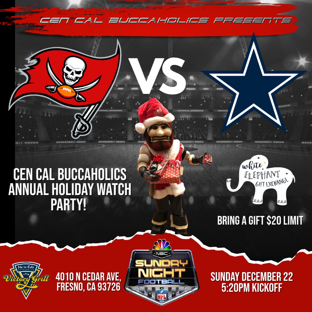 VmanBuc22's tweet photo. Cen Cal @Buccaholics Join Us This Sunday As Baker And The Bucs Take On The Cowboys! Kickoff is At 5:20pm, Get There Early To Get Your Spot! We Will Also Be Having Our Annual White Elephant Gift Exchange. Bring A Wrapped Or Bagged Gift If You Want To Participate, $20 Limit. https://t.co/gePUHad5tS