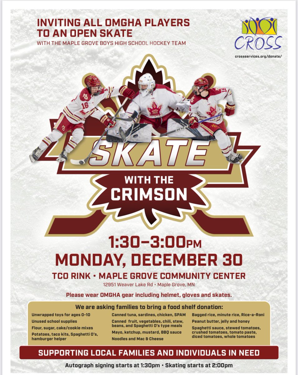 MGCrimsonHockey's tweet photo. @OMGHA2k Join the Crimson boys for a skate on Monday, December 30 at 1:30 pm https://t.co/kixnYAnsVi